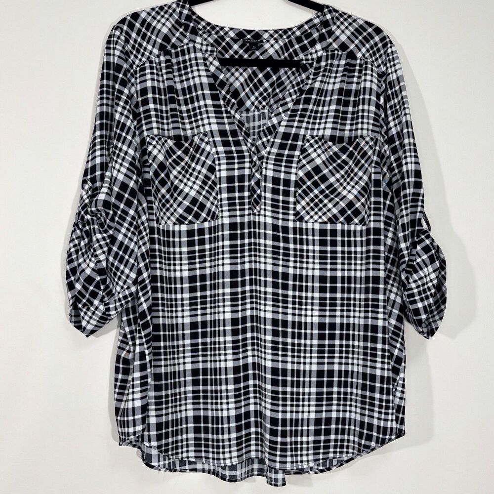 Torrid Harper Pullover Top Black White Plaid Roll Tab Slv Womens Size 5 Pockets